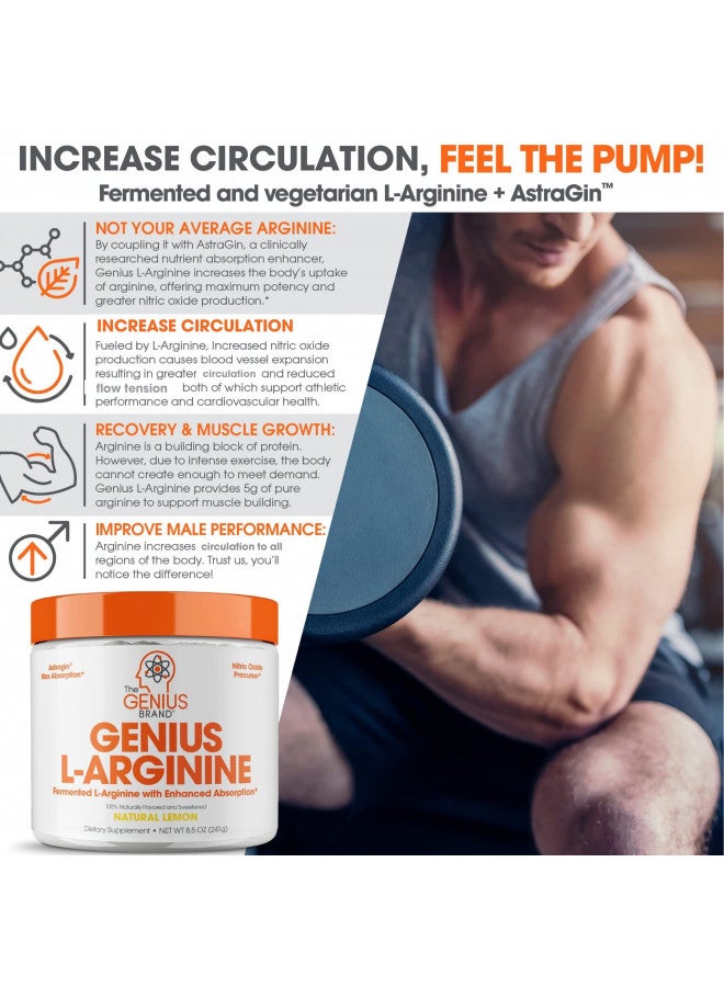 Genius L-Arginine Nitric Oxide Powder - Fermented L- Arginine Nutritional Supplements & Nitric Oxide Booster - Pre Workout, Natural Muscle Builder - 30 Servings, Lemon