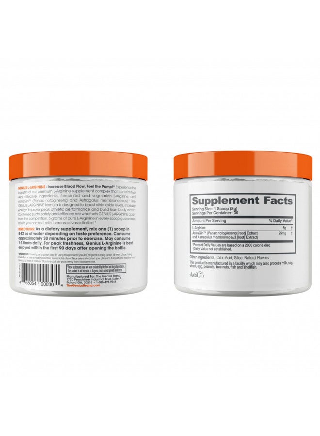 Genius L-Arginine Nitric Oxide Powder - Fermented L- Arginine Nutritional Supplements & Nitric Oxide Booster - Pre Workout, Natural Muscle Builder - 30 Servings, Lemon