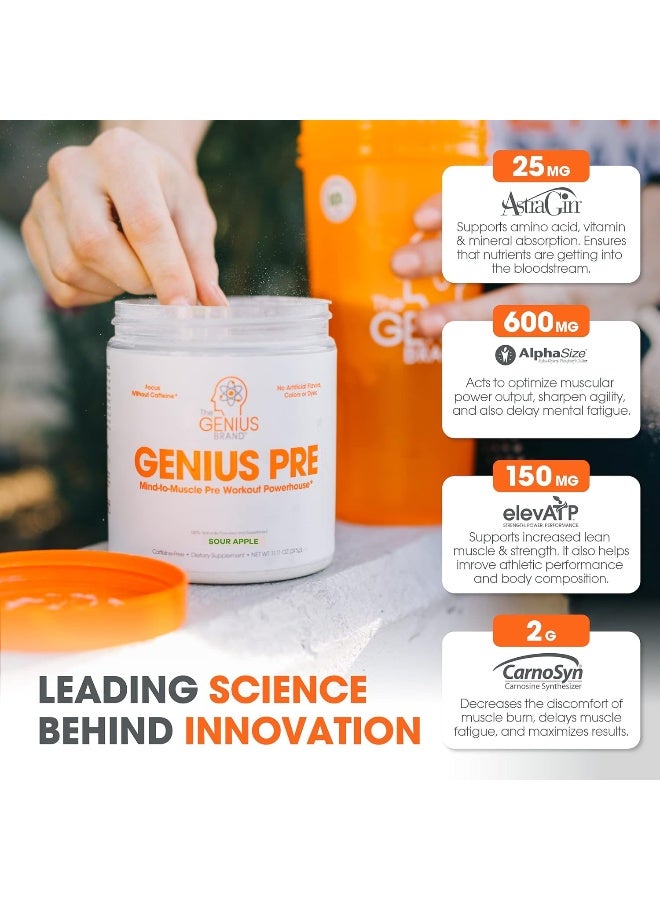 Genius Pre Workout Powder, Sour Apple - All-Natural Nootropic Pre-Workout & Caffeine-Free Nitric Oxide Booster Supplement with Beta Alanine & Alpha GPC - No Artificial Flavors, Sweeteners, or Dyes