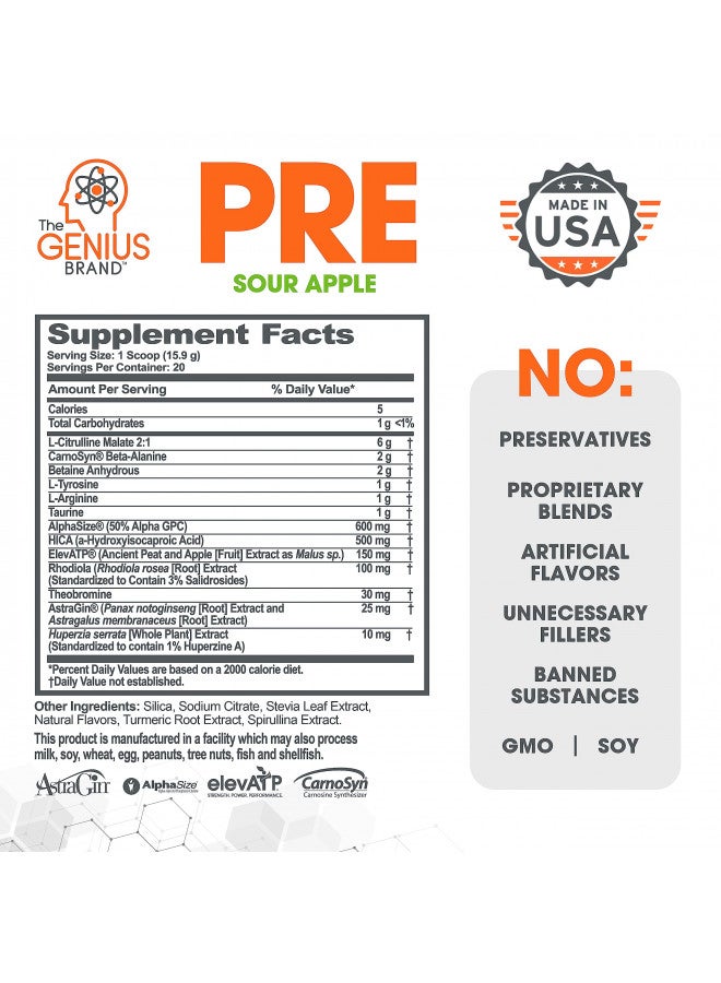 Genius Pre Workout Powder, Sour Apple - All-Natural Nootropic Pre-Workout & Caffeine-Free Nitric Oxide Booster Supplement with Beta Alanine & Alpha GPC - No Artificial Flavors, Sweeteners, or Dyes
