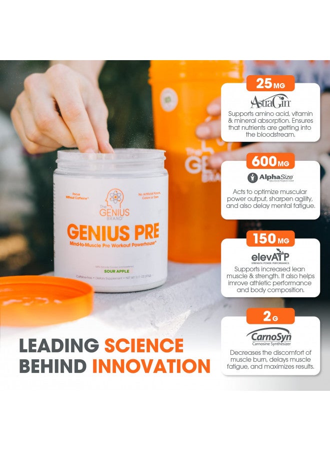 Genius Pre Workout Powder, Sour Apple - All-Natural Nootropic Pre-Workout & Caffeine-Free Nitric Oxide Booster Supplement with Beta Alanine & Alpha GPC - No Artificial Flavors, Sweeteners, or Dyes