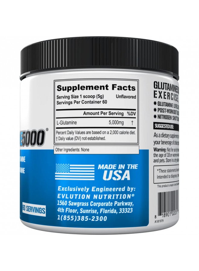 Pure Vegan L-Glutamine Powder Supplement - Evlution Nutrition Nitric Oxide Booster 5g L Glutamine Supplement for Post Workout Recovery Enhanced Pumps Gut Health Energy and Immunity - Unflavored