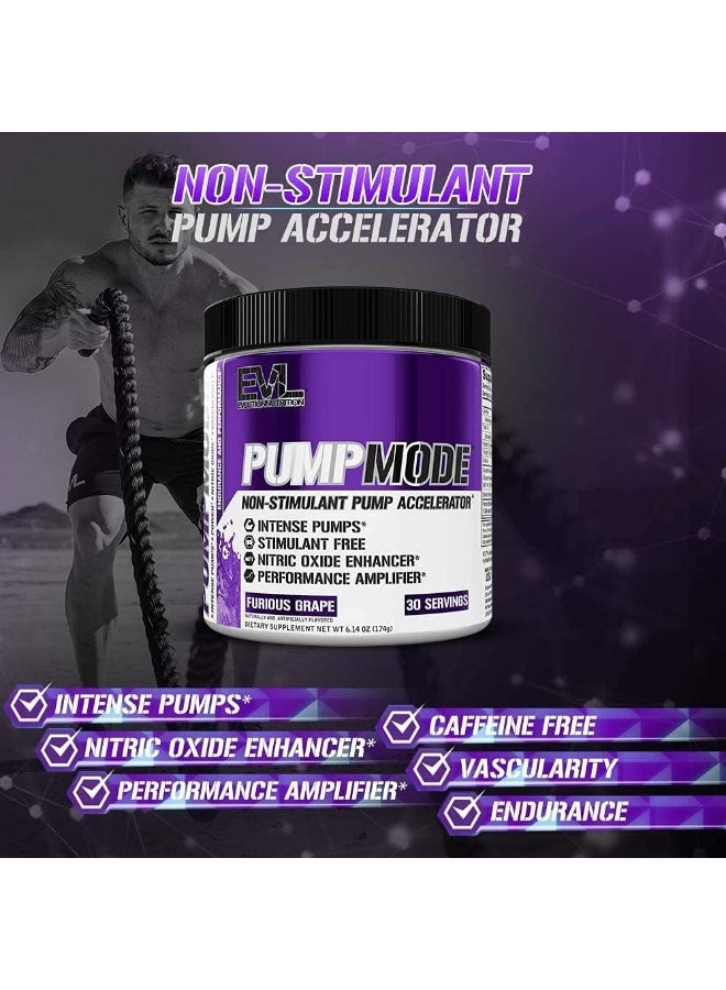 EVL PumpMode Nitric Oxide Supplement - Nitric Oxide Booster Pump Pre Workout Powder with Glycerol and Betaine for Muscle Recovery Growth and Endurance - Stim Free Pre Workout Drink (Furious Grape)