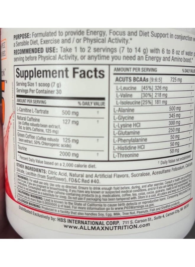 ALLMAX Nutrition AMINOCUTS (ACUTS), Amino-Charged Energy Drink with Taurine, L-Carnitine, Green Coffee Bean Extract, Goji Berry, 30 Servings