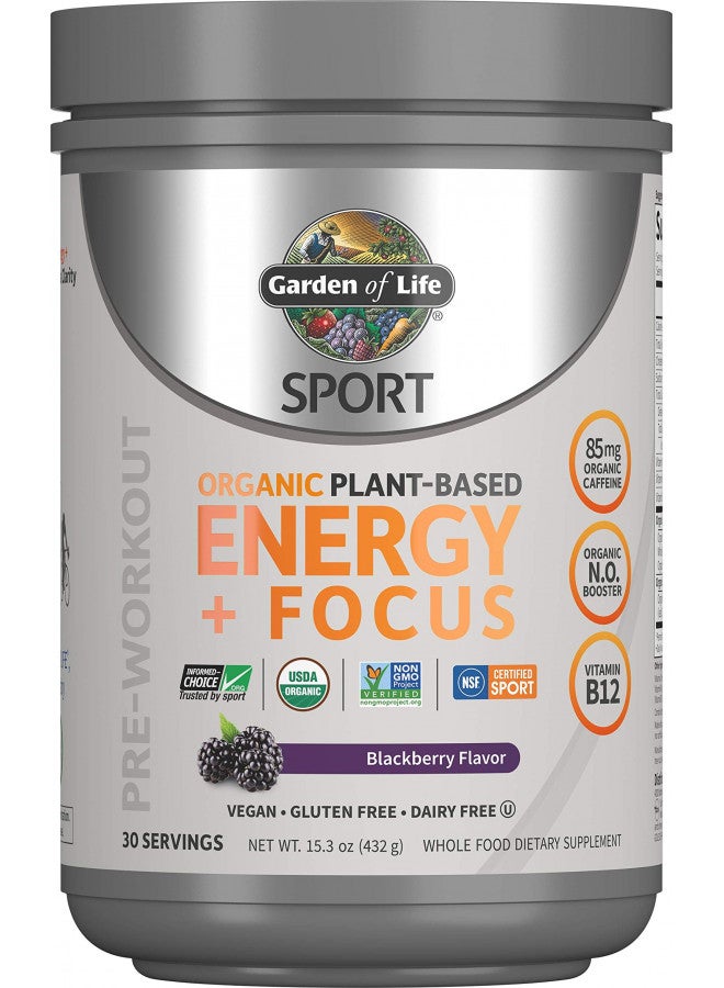 Garden of Life Sport Organic Plant Based Energy + Focus Clean Pre Workout Powder, with 85mg Caffeine, Natural No Booster, B12, Vegan, Gluten Free, Non-GMO, Blackberry, 15.3 Oz