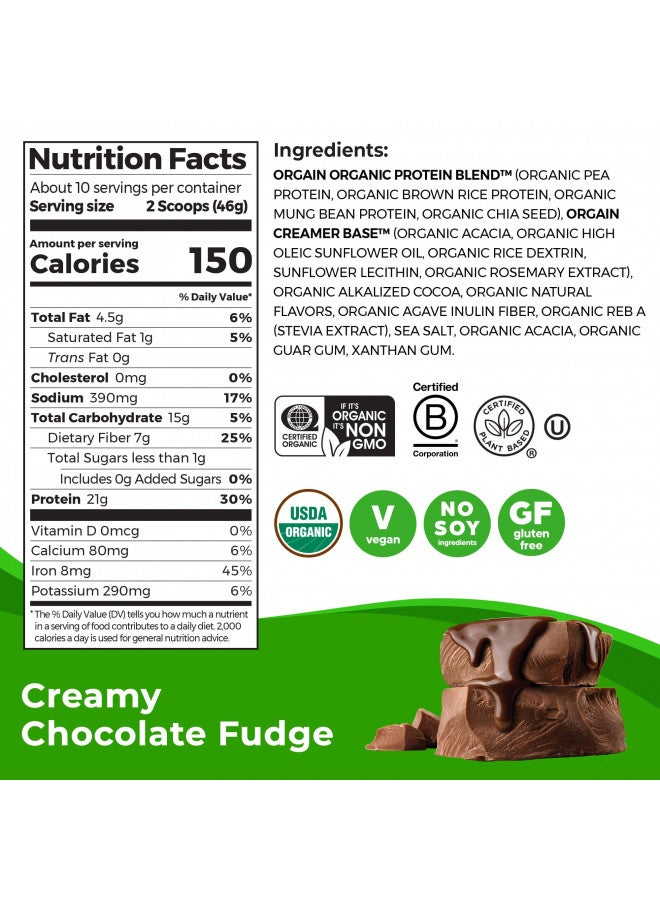 Orgain Organic Vegan Protein Powder, Creamy Chocolate Fudge - 21g Plant Based Protein, Gluten Free, Dairy Free, Lactose Free, Soy Free, No Sugar Added, Kosher, For Smoothies & Shakes - 1.02lb