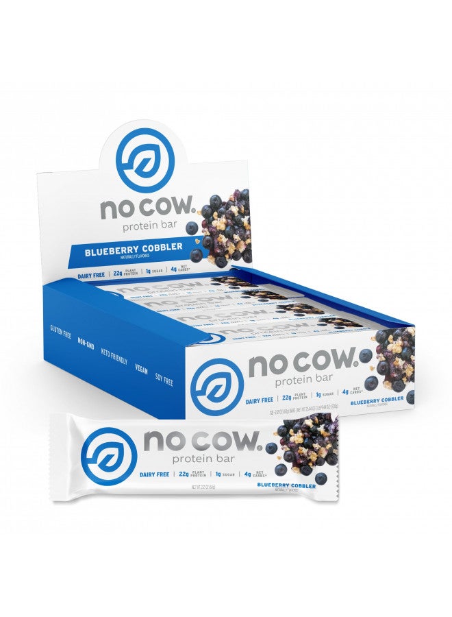 No Cow Protein bar, Blueberry Cobbler, 22g Plant Based Protein, Keto Friendly, Low Sugar, Dairy Free, Gluten Free, Vegan, High Fiber, Non-GMO, 12 Count