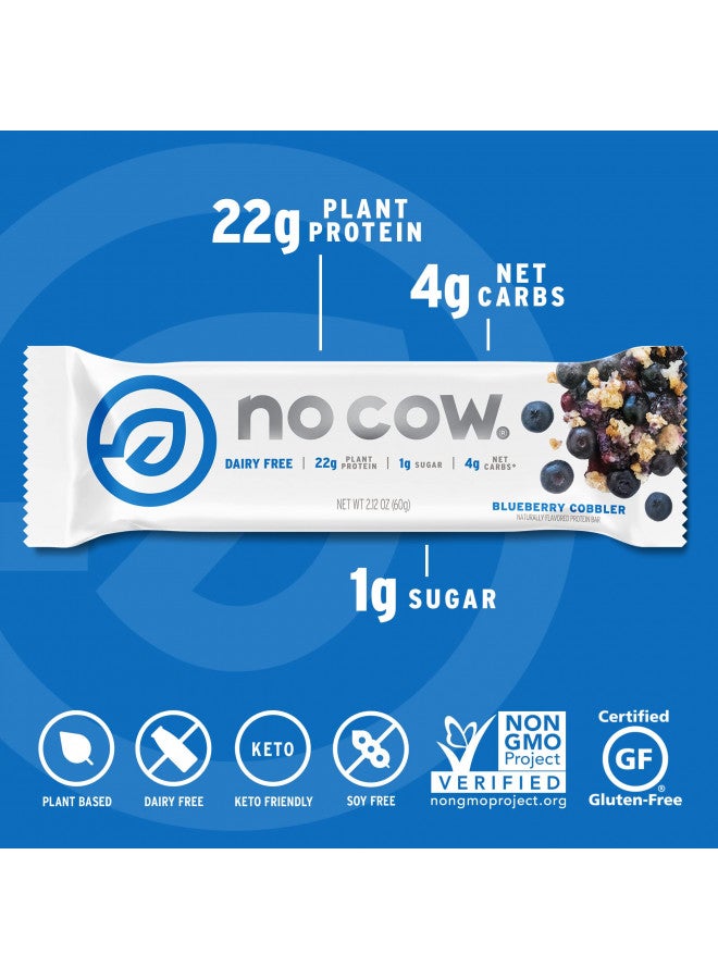 No Cow Protein bar, Blueberry Cobbler, 22g Plant Based Protein, Keto Friendly, Low Sugar, Dairy Free, Gluten Free, Vegan, High Fiber, Non-GMO, 12 Count