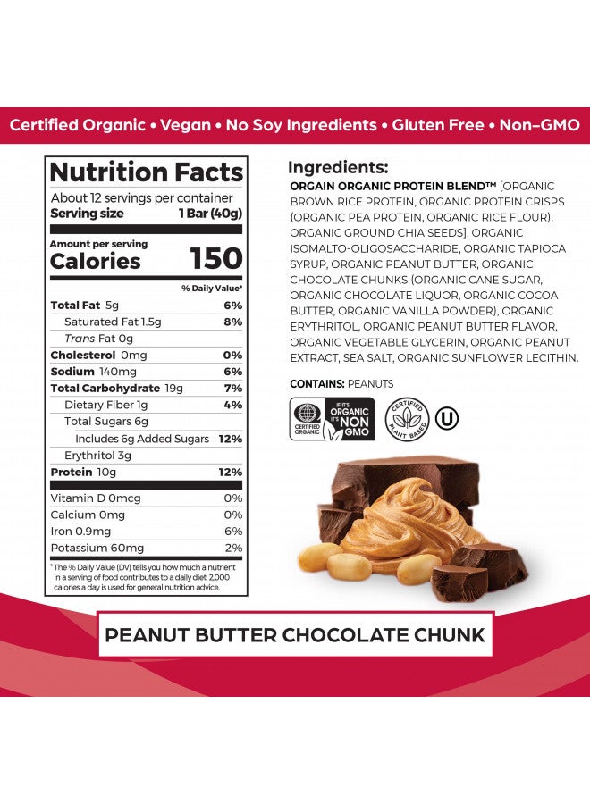 Orgain Organic Vegan Protein Bars, Peanut Butter Chocolate Chunk - 10g Plant Based Protein, Gluten Free Snack Bar, Low Sugar, Dairy Free, Soy Free, Lactose Free, Non GMO, 1.41 Oz (12 Count)