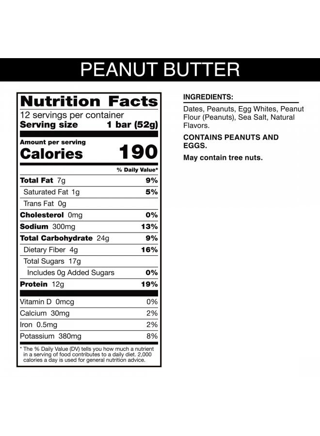 RXBAR Protein Bars, 12g Protein, Gluten Free Snacks, Peanut Butter, 22oz Box (12 Bars)