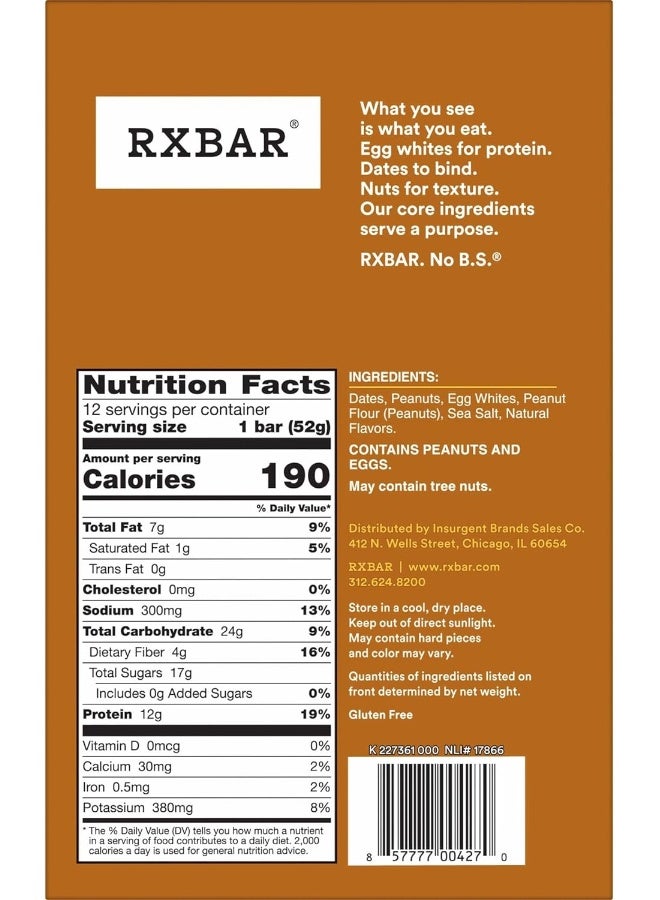 RXBAR Protein Bars, 12g Protein, Gluten Free Snacks, Peanut Butter, 22oz Box (12 Bars)