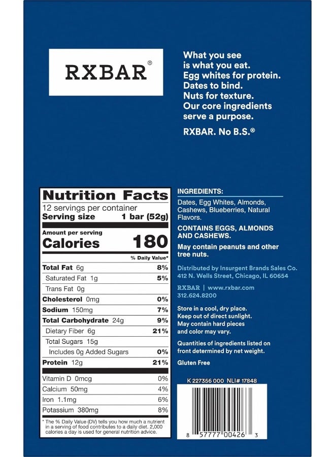 RXBAR Protein Bars, 12g Protein, Gluten Free Snacks, Blueberry, 22oz Box (12 Bars)