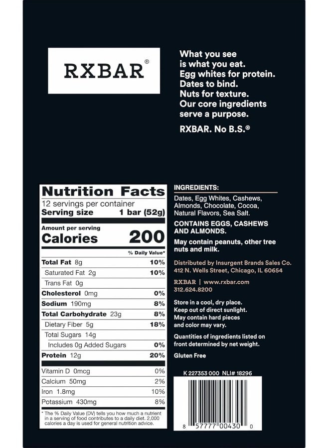 RXBAR Protein Bars, 12g Protein, Gluten Free Snacks, Chocolate Sea Salt, 22oz Box (12 Bars)