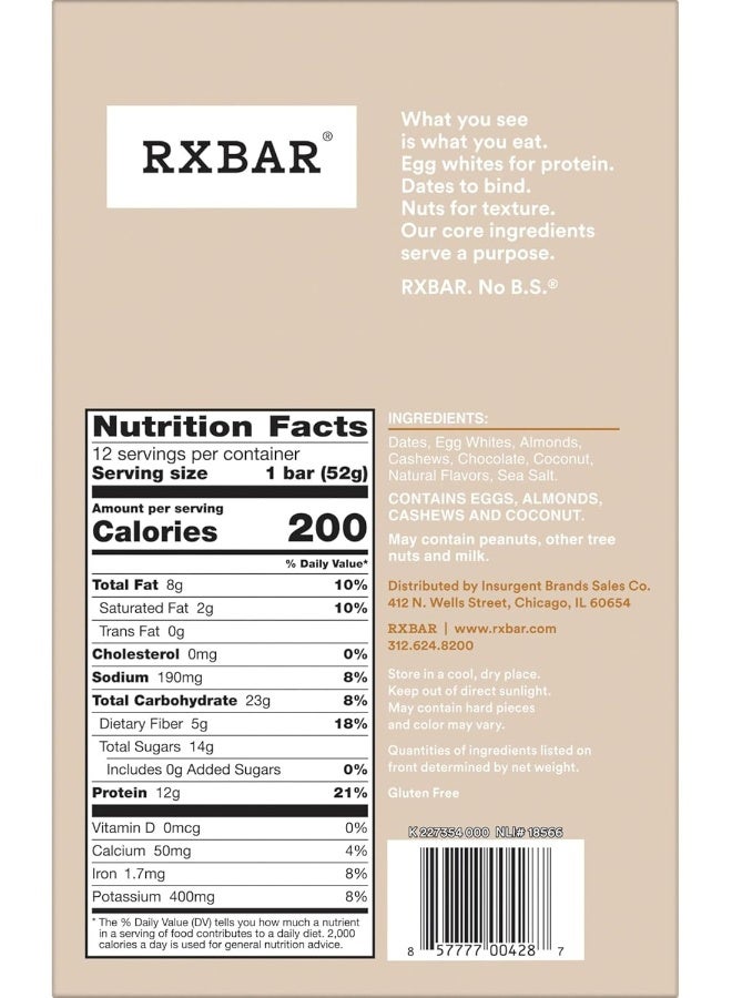 RXBAR Whole Food Protein Bar, Coconut Chocolate, 22oz Box (12 Bars)