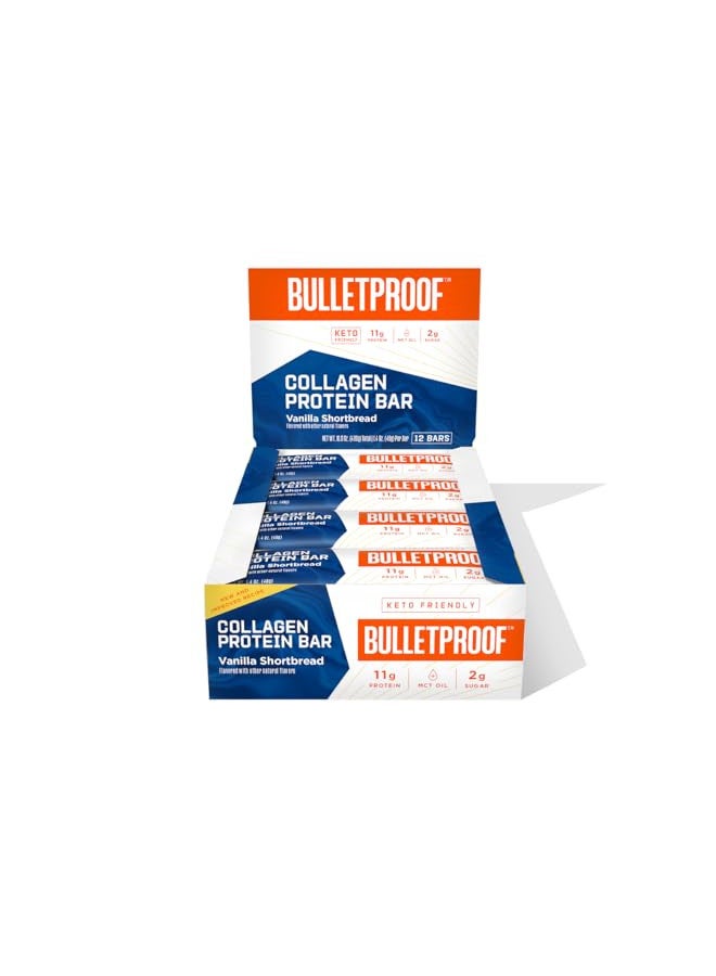 Collagen Protein Bars, Vanilla Shortbread, 11g Protein, 12 Pack, Bulletproof Grass Fed Healthy Snacks, Made with MCT Oil, 2g Sugar, No Added Sugar