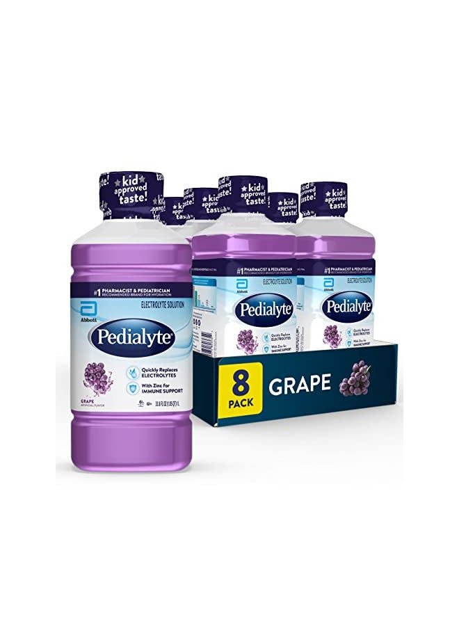 Pedialyte Electrolyte Solution, Grape, Hydration Drink, 8 bottles, 1 liter each