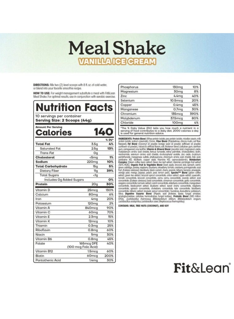 Fit & Lean, Meal Shake Nutrition, Vanilla Ice Cream, 440g, 10 Servings