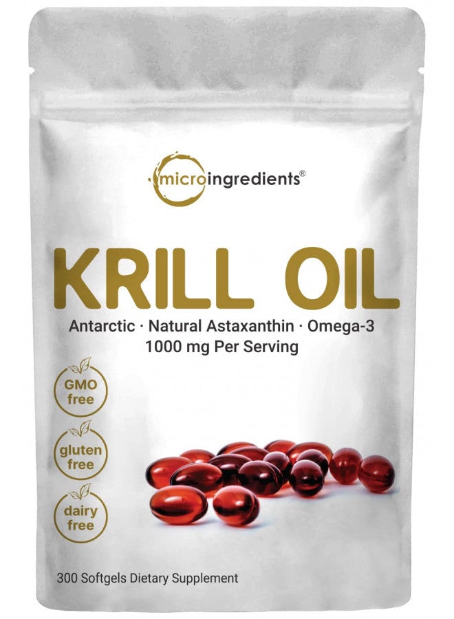 Micro Ingredients Antarctic Krill Oil Supplement, 1000mg Per Serving, 300 Soft-Gels, Rich in Omega-3s EPA, DHA & Natural Astaxanthin, Supports Immune System & Brain Health, Easy to Swallow