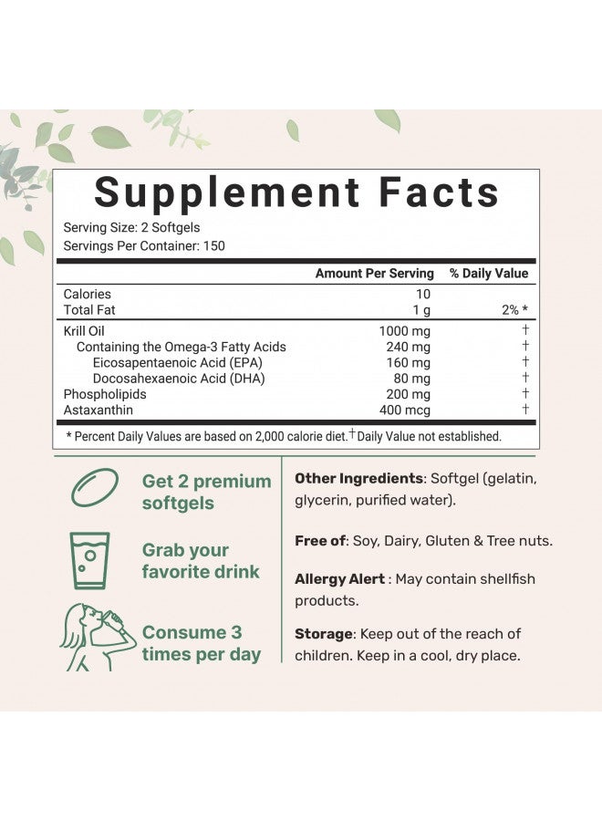 Micro Ingredients Antarctic Krill Oil Supplement, 1000mg Per Serving, 300 Soft-Gels, Rich in Omega-3s EPA, DHA & Natural Astaxanthin, Supports Immune System & Brain Health, Easy to Swallow