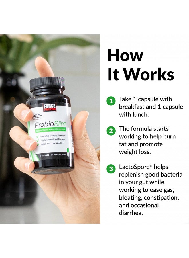 Force Factor ProbioSlim Probiotics for Women and Men, Probiotics for Digestive Health to Reduce Bloating, Gas, & Occasional Diarrhea, with Prebiotics, LactoSpore, & Green Tea for Energy, 60 Capsules