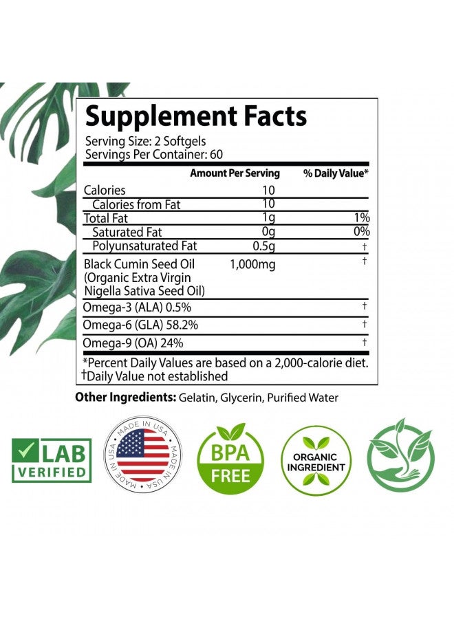 Black Seed Oil Capsules - 120 Count (Organic, Non-GMO Liquid) Premium Cold Pressed Black Cumin Seed Oil - 500mg Each, 1000mg Per Serving w/Omega 3,6, 9