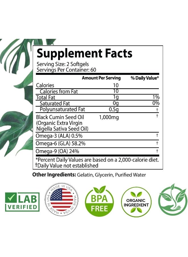 Black Seed Oil Capsules - 120 Count (Organic, Non-GMO Liquid) Premium Cold Pressed Black Cumin Seed Oil - 500mg Each, 1000mg Per Serving w/Omega 3,6, 9