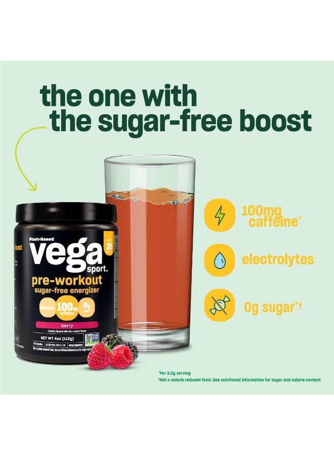 Vega Sport Sugar Free Pre-Workout Energizer Berry (35 Servings) Pre Workout Powder for Women and Men, Supports Energy and Focus, Electrolytes, Vegan, Keto, Gluten Free Non GMO, 4oz