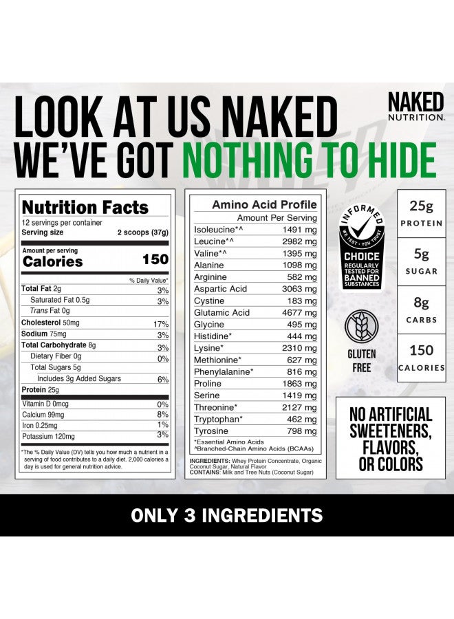 NAKED nutrition Naked Vanilla Whey Protein 1Lb, Only 3 Ingredients, All Natural Grass Fed Whey Protein Powder + Vanilla + Coconut Sugar- Gmo-Free, Soy Free, Gluten Free. Aid Muscle Growth, 12 Servings
