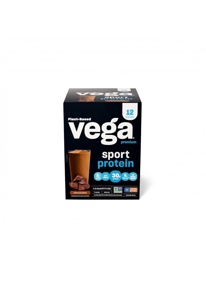 Vega Sport Premium Vegan Protein Powder Chocolate (12 Sachets) 30g Plant Based Protein, 5g BCAAs, Low Carb, Keto, Dairy Free, Gluten Free, Pea Protein for Women and Men,12x1.6oz (Packaging May Vary)