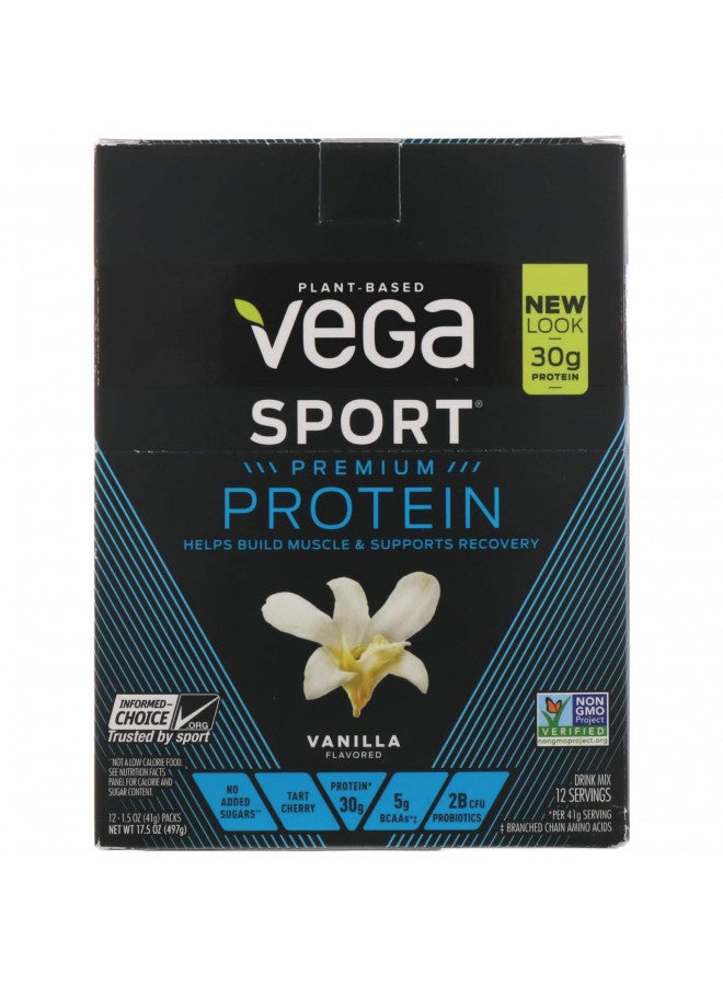 Vega Sport Premium Vegan Protein Powder Vanilla (12 Sachets) 30g Plant Based Protein, 5g BCAAs, Low Carb, Keto, Dairy Free, Gluten Free, Pea Protein for Women and Men, 12x1.6oz (Packaging May Vary)