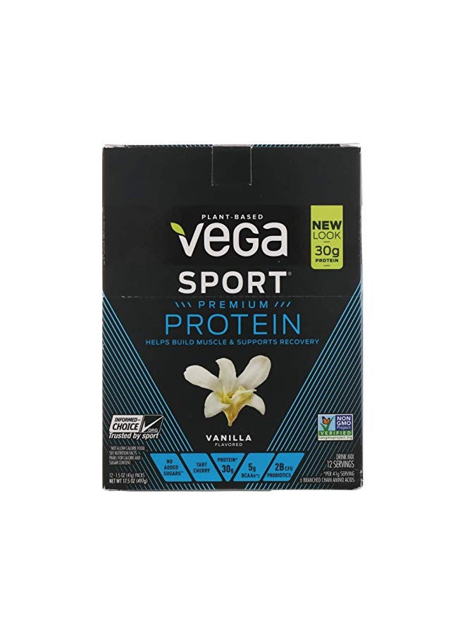 Vega Sport Premium Vegan Protein Powder Vanilla (12 Sachets) 30g Plant Based Protein, 5g BCAAs, Low Carb, Keto, Dairy Free, Gluten Free, Pea Protein for Women and Men, 12x1.6oz (Packaging May Vary)