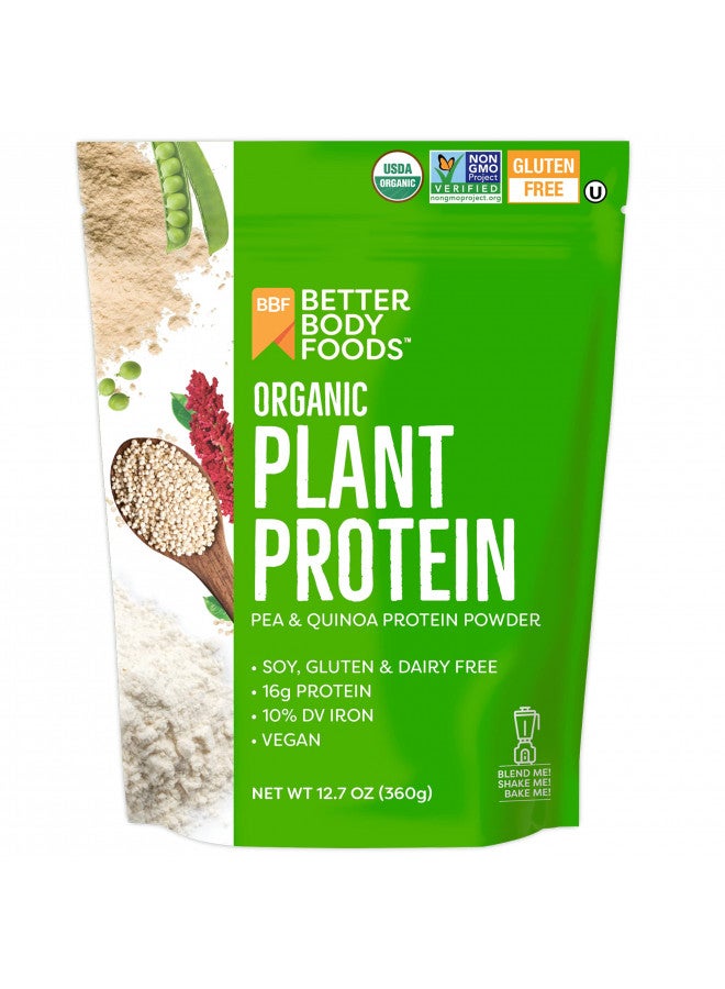 BetterBody Foods Organic Plant Based Protein Powder, - 16g of Protein, Vegan, Low Net Carbs, Gluten Free, Dairy Free, No Sugar Added, Soy Free, Non-GMO, 12.7 Ounces