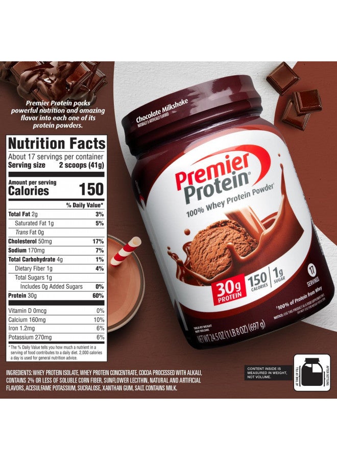 Premier Protein Powder, Chocolate Milkshake, 30g Protein, 1g Sugar, 100% Whey Protein, Keto Friendly, No Soy Ingredients, Gluten Free, 17 servings, 24.5 ounces