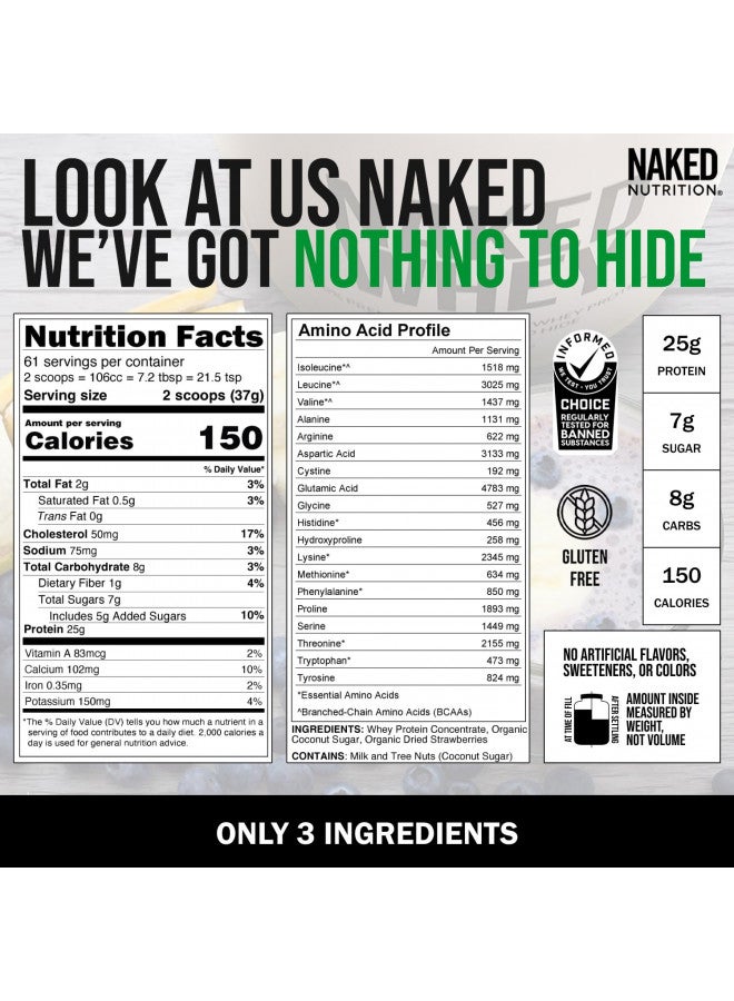 NAKED nutrition Whey Protein Supplement Powder, Strawberry, GMO-Free, Soy Free, Gluten Free, Aid Muscle Growth & Recovery - 61 Servings, 5 pounds