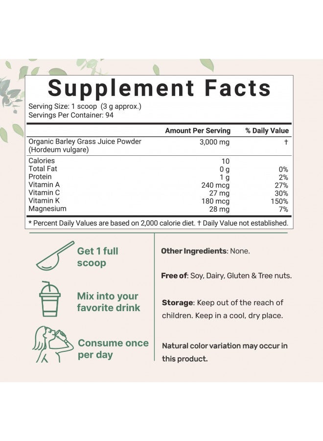 Organic Barley Grass Juice Powder, 10 Ounce, Cold Pressed, US Grown, Rich in Immune Vitamin, Fibers, Minerals, Antioxidants and Protein, Support Immune System and Digestion, Vegan