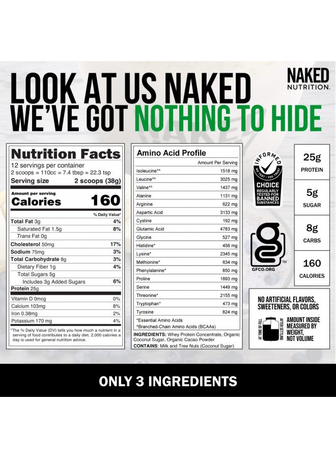 Naked Whey 1LB - All Natural Grass Fed Whey Protein Powder, Organic Chocolate, and Coconut Sugar - No GMO, No Soy, and Gluten Free, Aid Growth and Recovery - 12 Servings