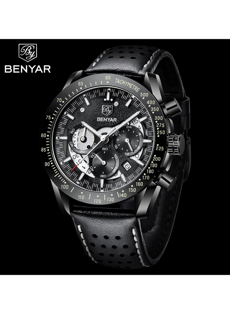 Watches for Men Luxury Quartz Water Resistant Watch Men's Chronograph Genuine Leather Strap 5120 Black