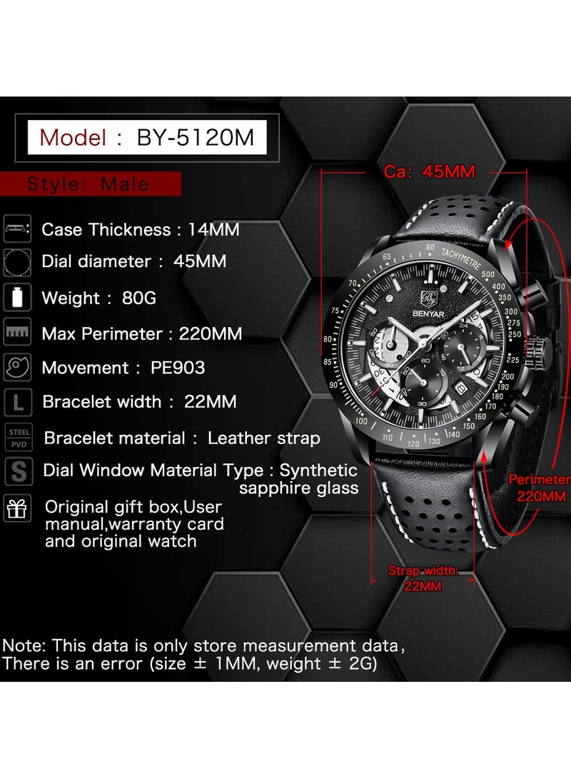 Watches for Men Luxury Quartz Water Resistant Watch Men's Chronograph Genuine Leather Strap 5120 Black