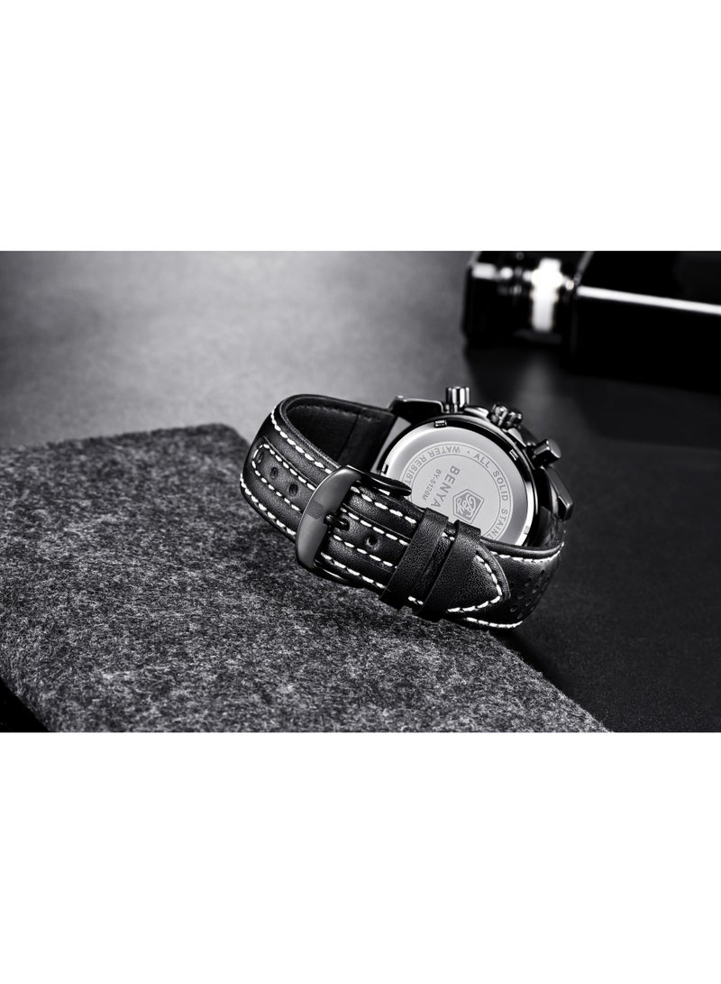 Watches for Men Luxury Quartz Water Resistant Watch Men's Chronograph Genuine Leather Strap 5120 Black