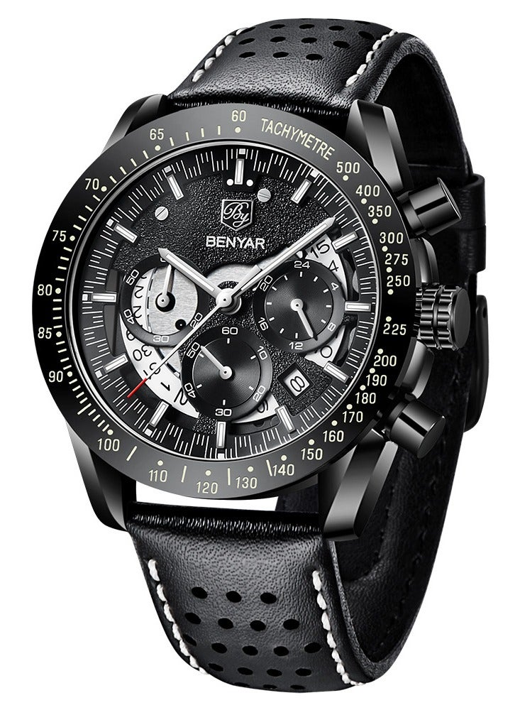 Watches for Men Luxury Quartz Water Resistant Watch Men's Chronograph Genuine Leather Strap 5120 Black