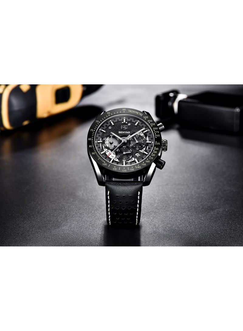 Watches for Men Luxury Quartz Water Resistant Watch Men's Chronograph Genuine Leather Strap 5120 Black