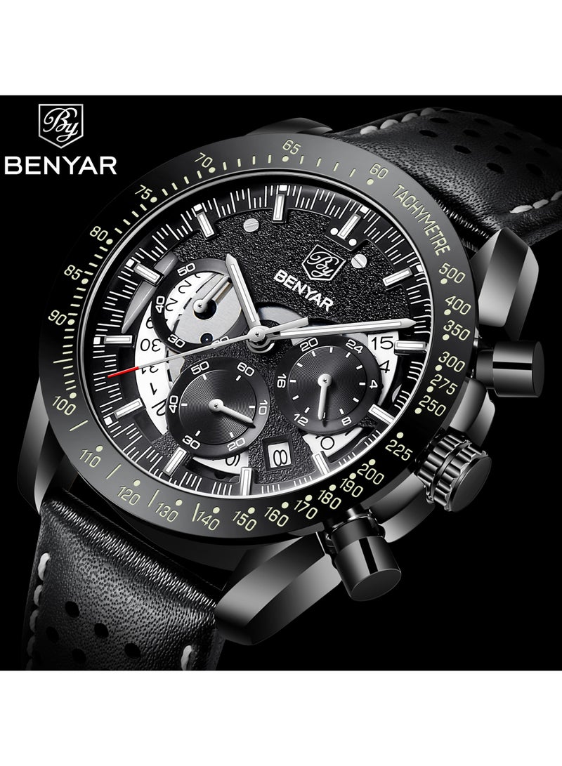 Watches for Men Luxury Quartz Water Resistant Watch Men's Chronograph Genuine Leather Strap 5120 Black
