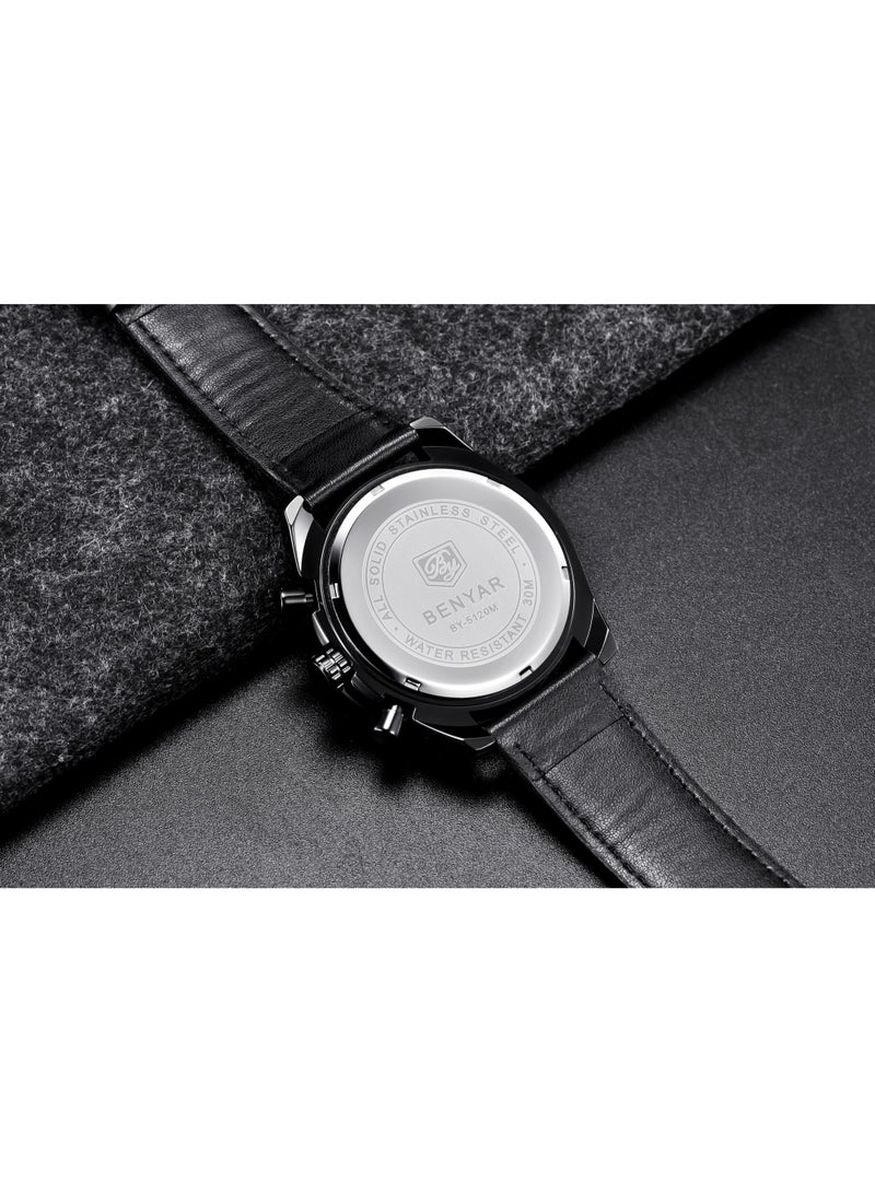 Watches for Men Luxury Quartz Water Resistant Watch Men's Chronograph Genuine Leather Strap 5120 Black