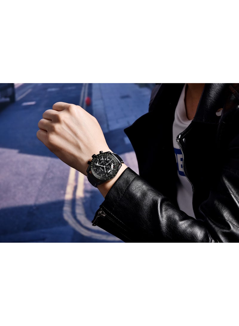 Watches for Men Luxury Quartz Water Resistant Watch Men's Chronograph Genuine Leather Strap 5120 Black