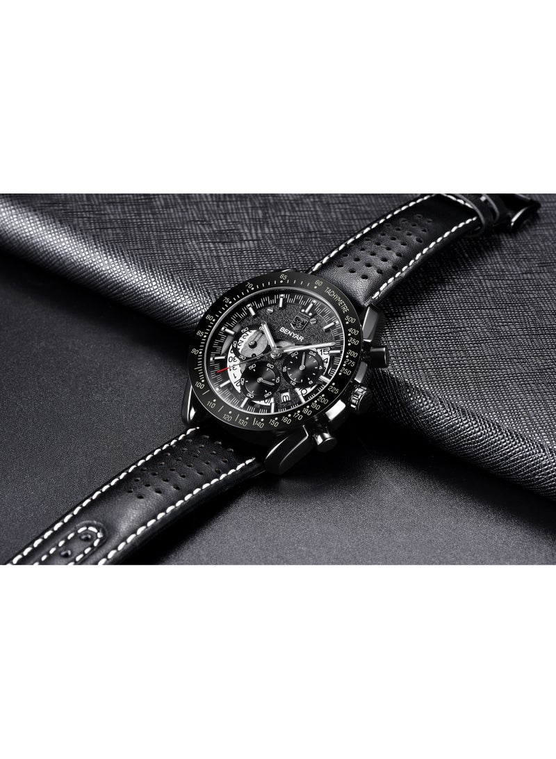 Watches for Men Luxury Quartz Water Resistant Watch Men's Chronograph Genuine Leather Strap 5120 Black