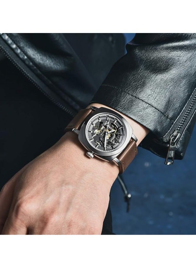 Watches for Men Luxury Leather Luminous Water Resistant Automatic Mechanical Wristwatch 5121 Brown