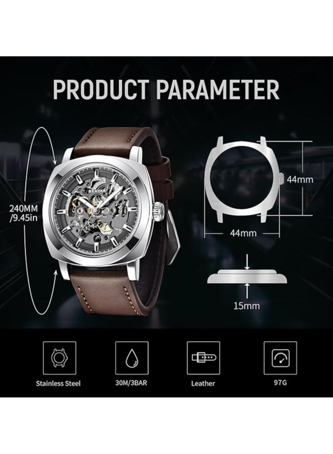 Watches for Men Luxury Leather Luminous Water Resistant Automatic Mechanical Wristwatch 5121 Brown
