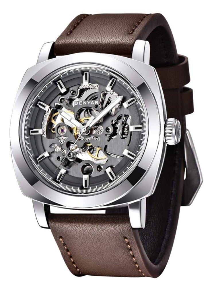 Watches for Men Luxury Leather Luminous Water Resistant Automatic Mechanical Wristwatch 5121 Brown