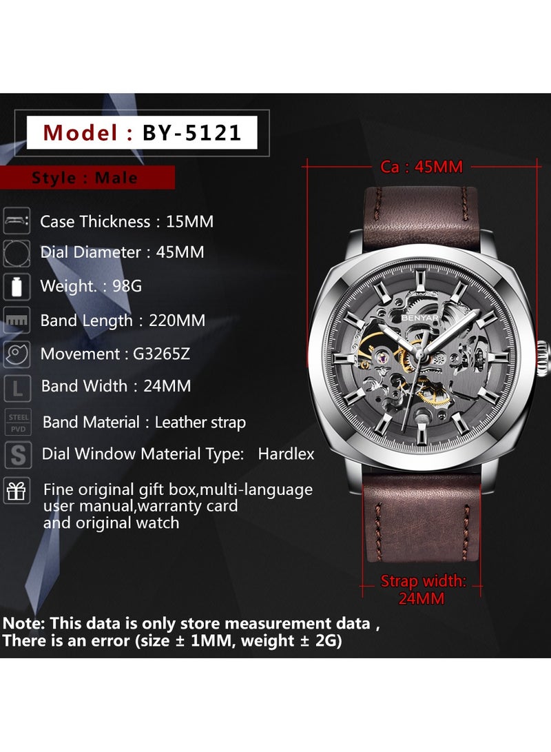 Watches for Men Luxury Leather Luminous Water Resistant Automatic Mechanical Wristwatch 5121 Brown