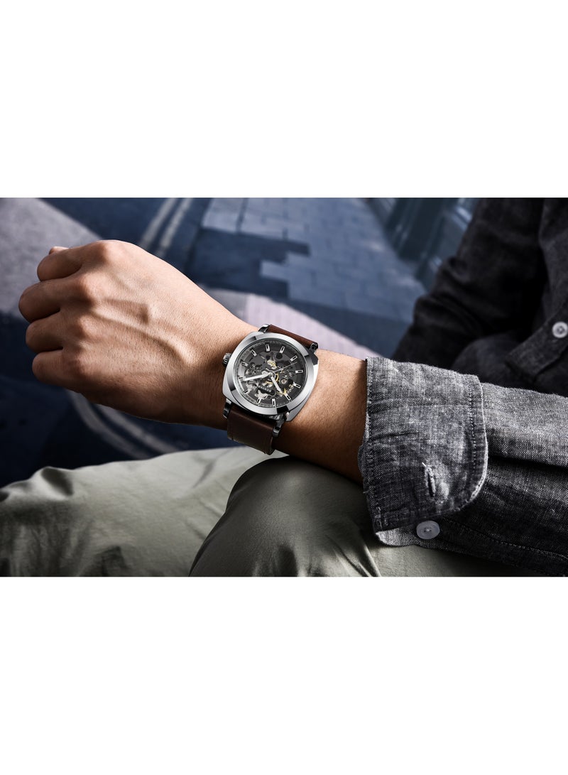 Watches for Men Luxury Leather Luminous Water Resistant Automatic Mechanical Wristwatch 5121 Brown